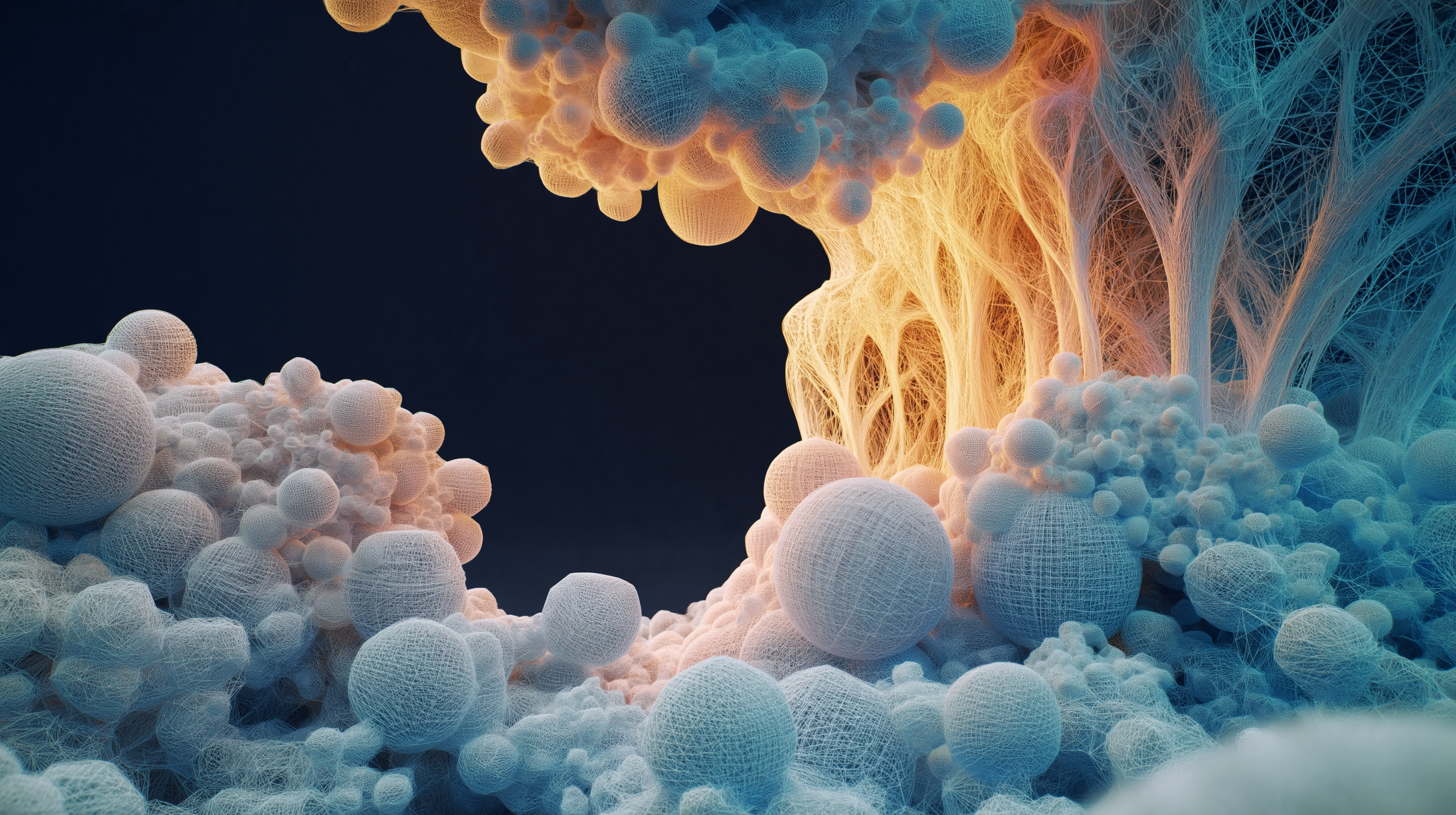 A three-dimensional AI-generated world assembling itself from nothing, geometric wireframes emerging from dark space and resolving into organic generative landscape