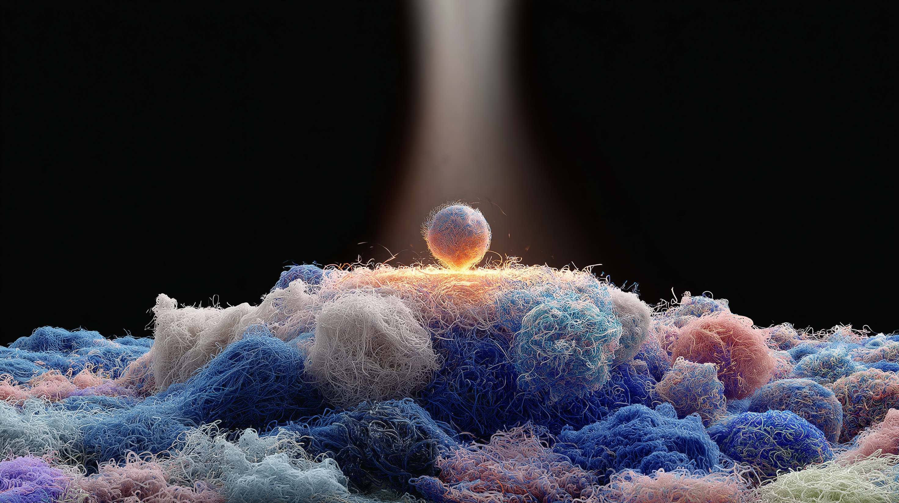 A single glowing artwork ascending from a sea of churning visual noise below, rising on a column of pure white light into clarity above, the difference between intentional AI art and generic slop made physically tangible