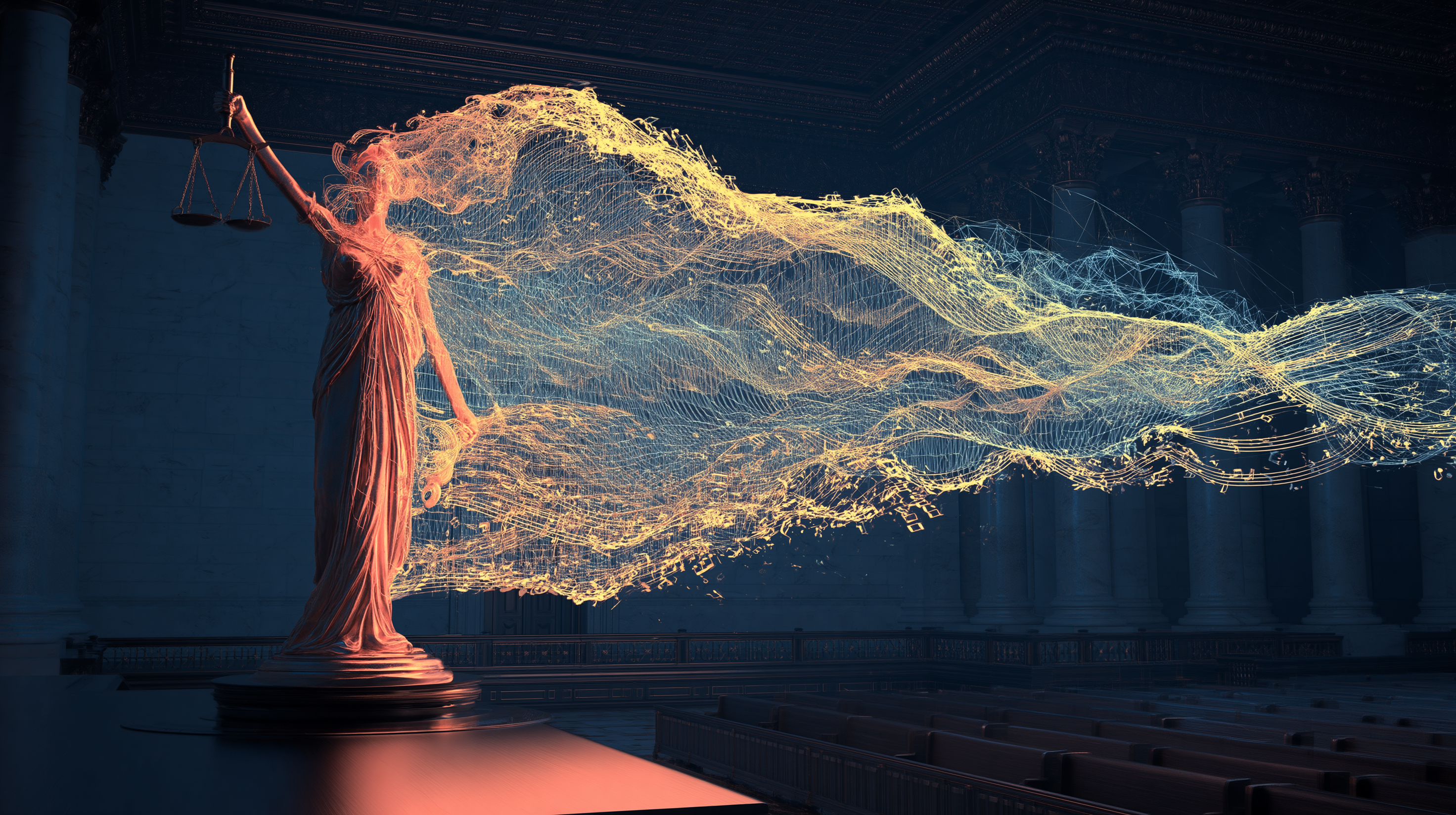 Scales of justice dissolving into AI sound waves and neural network threads representing the music licensing reckoning