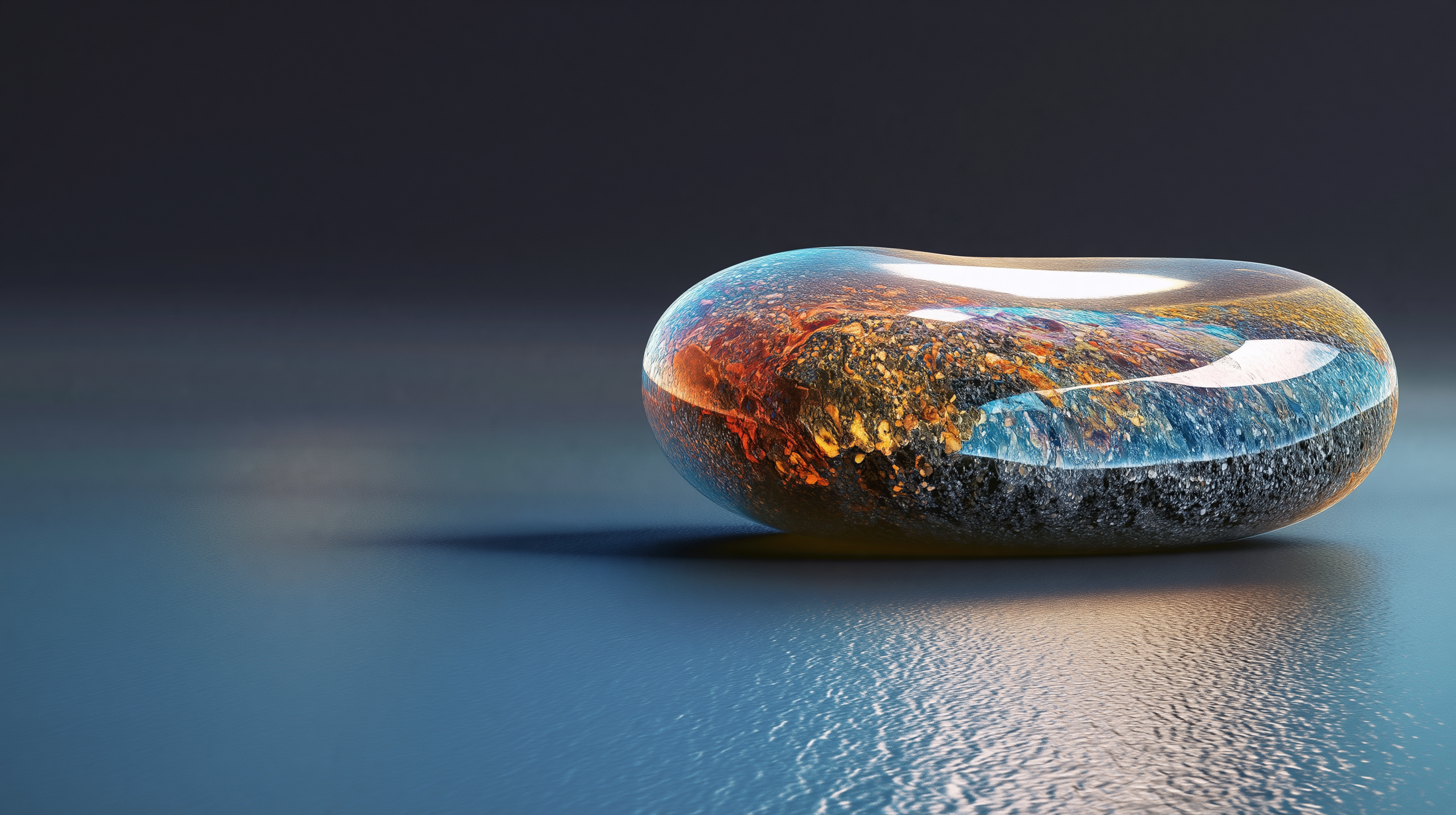 A single smooth stone rendered with extraordinary physical precision by AI, studio black background with raking light revealing surface detail and the quality of presence