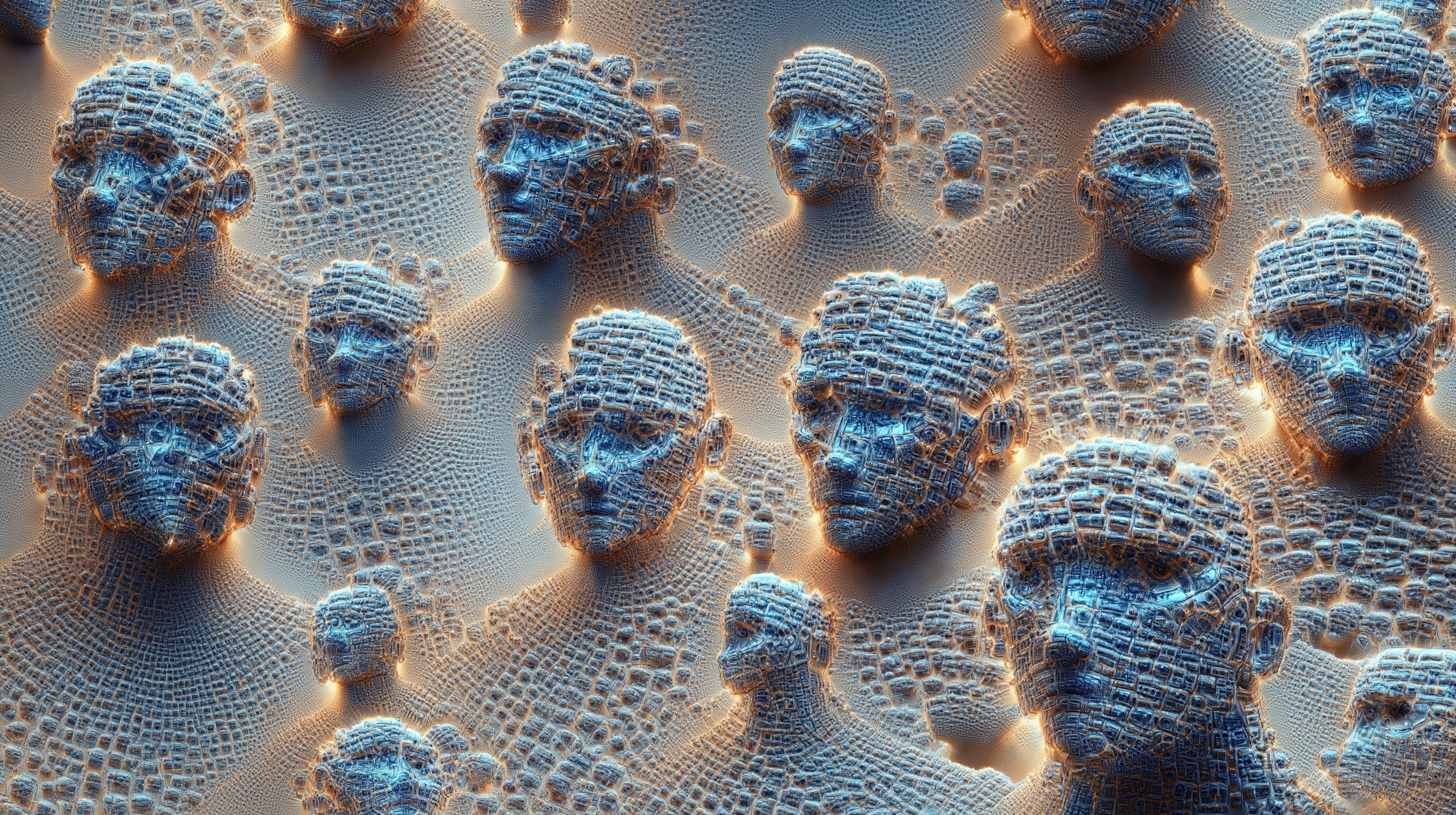 An overwhelming flood of nearly identical AI-generated chrome robot faces stacked hundreds deep, each slightly different but collectively meaningless, the visual glut of AI slop