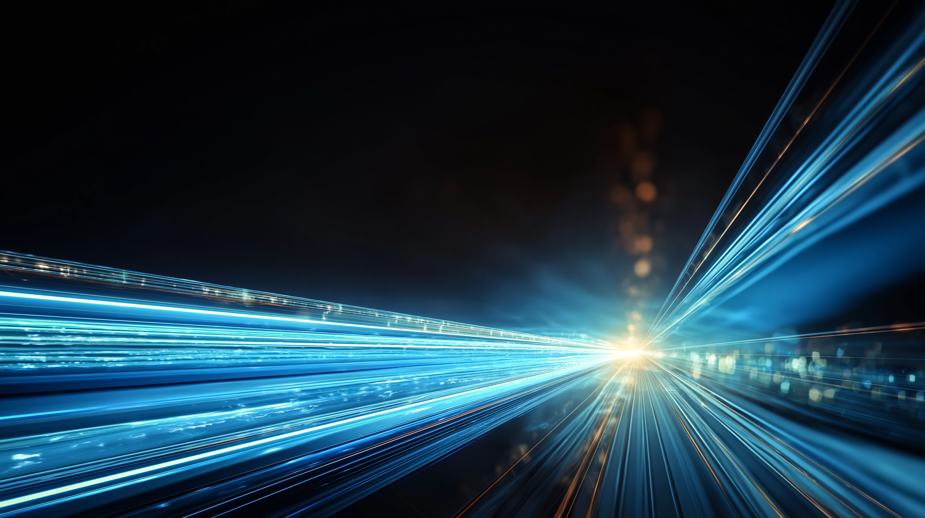 Four beams of intense light converging toward a single point in dark space, representing Runway, Google, NVIDIA, and World Labs racing toward AI world model supremacy