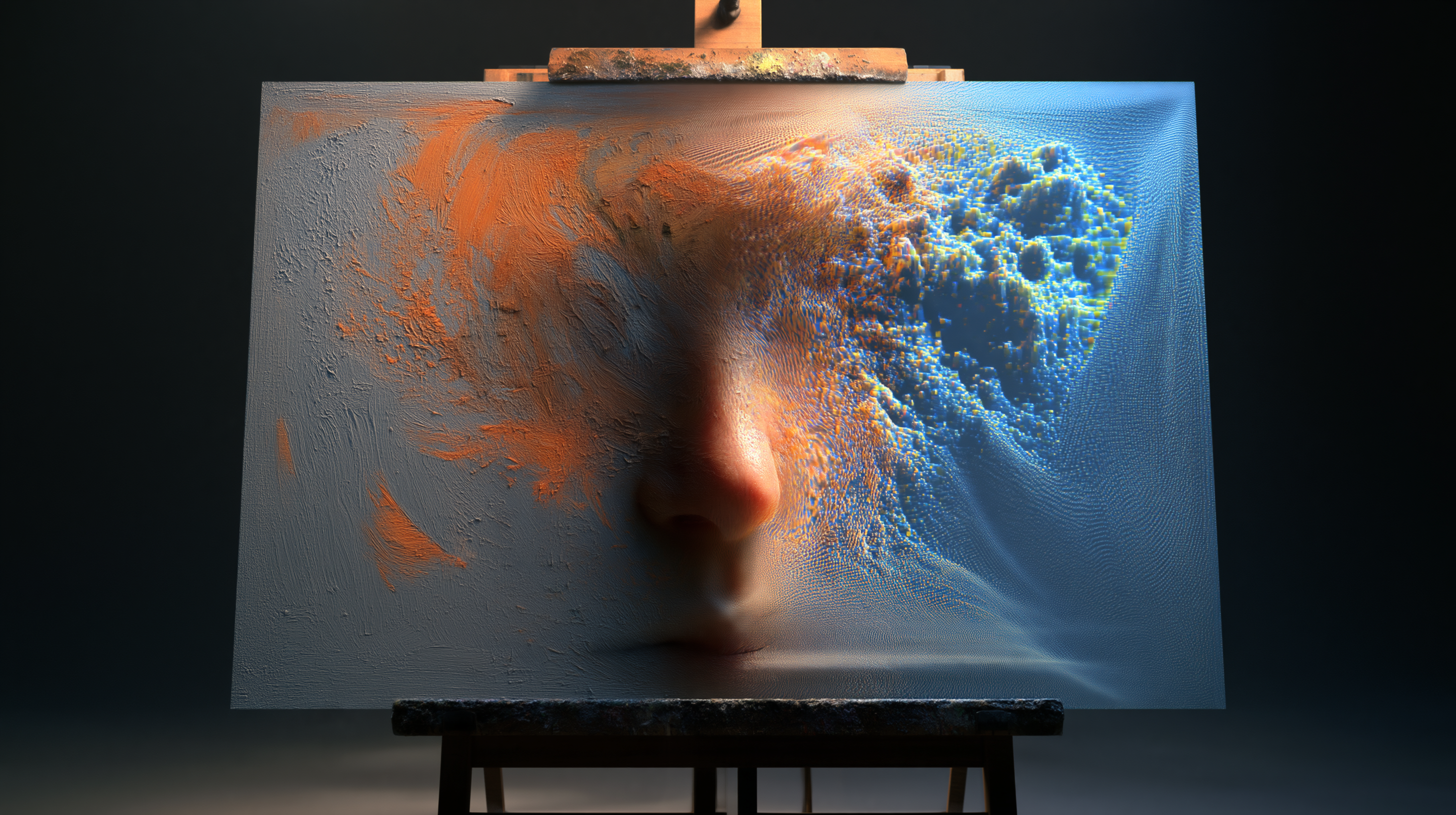 A painter's canvas split down the middle — one half traditional oil painting, the other half AI-generated pixels, representing the Andersen v Stability AI copyright trial