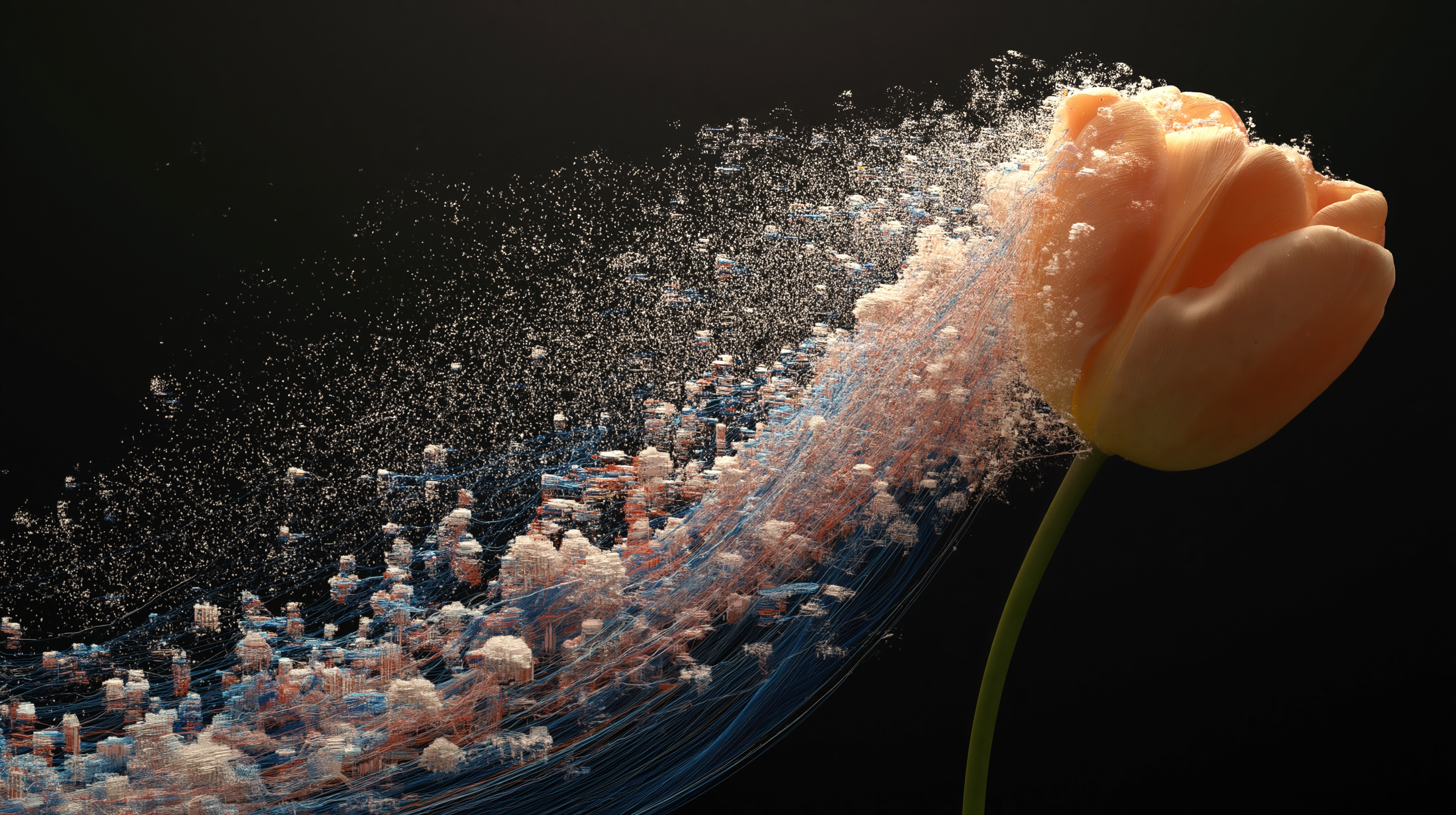 A single tulip mid-transformation, petals simultaneously blooming and dissolving into cascading data points and cryptocurrency chart lines, botanical illustration meets machine learning abstraction, inspired by Anna Ridler's Mosaic Virus