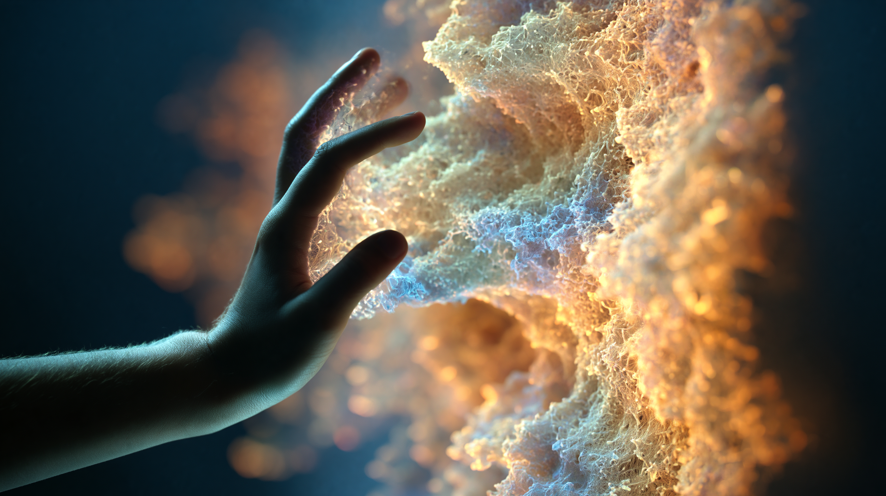 Google Genie 3 interactive AI environment showing a hand reaching into a holographic generative space that reshapes and responds in real time