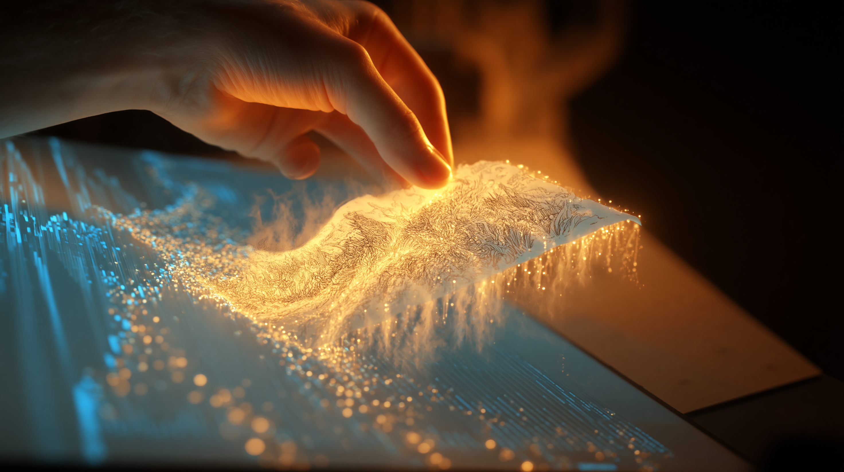 An artist's hand holding a hand-drawn ink sketch glowing softly as it is absorbed into a digital interface, the process of training a model on personal work made visible as light transferring between analog and digital realms