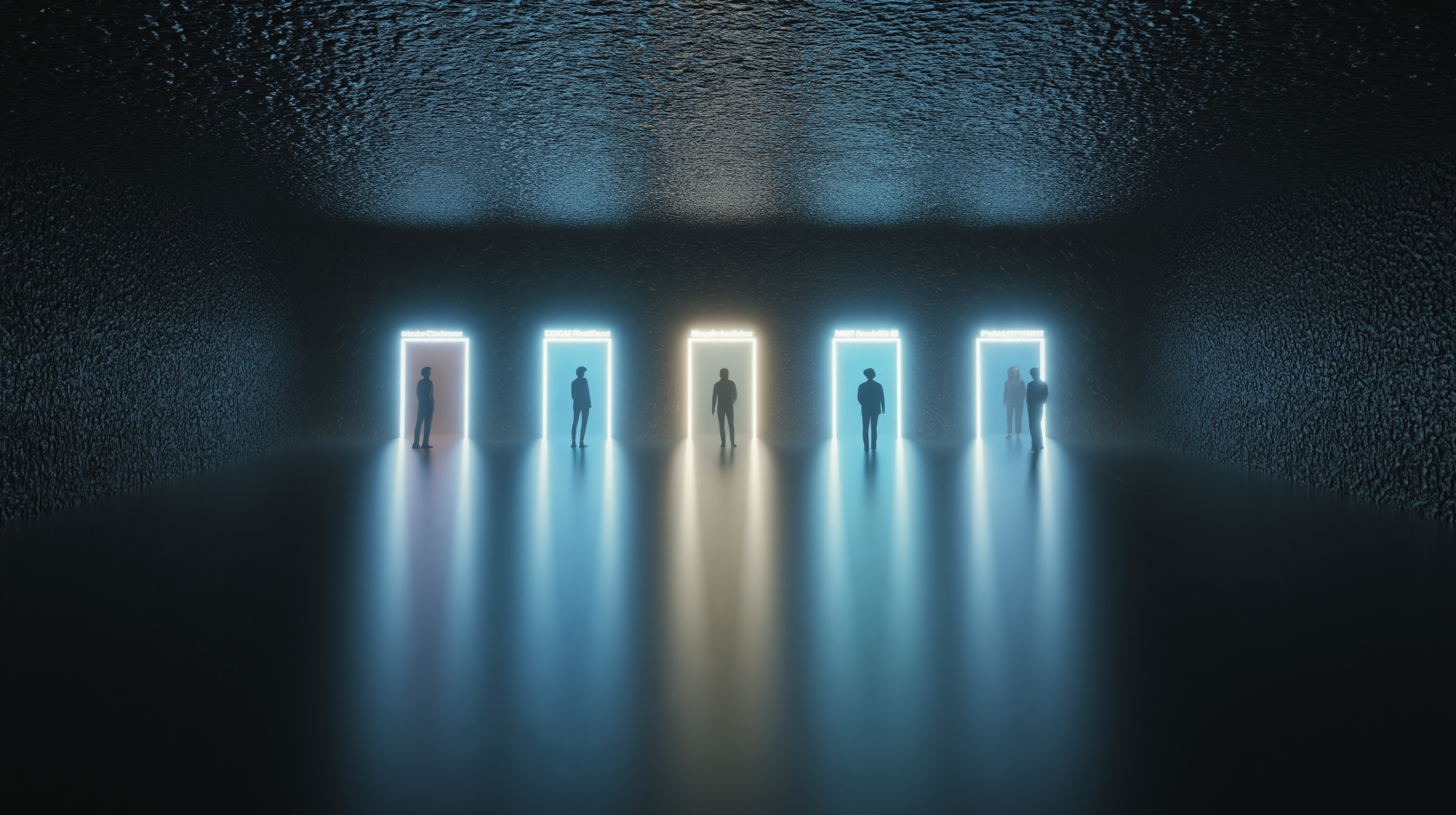 Five glowing doorways each representing a different AI music platform in a clean brutalist architectural space, representing the new rules for AI audio in 2026