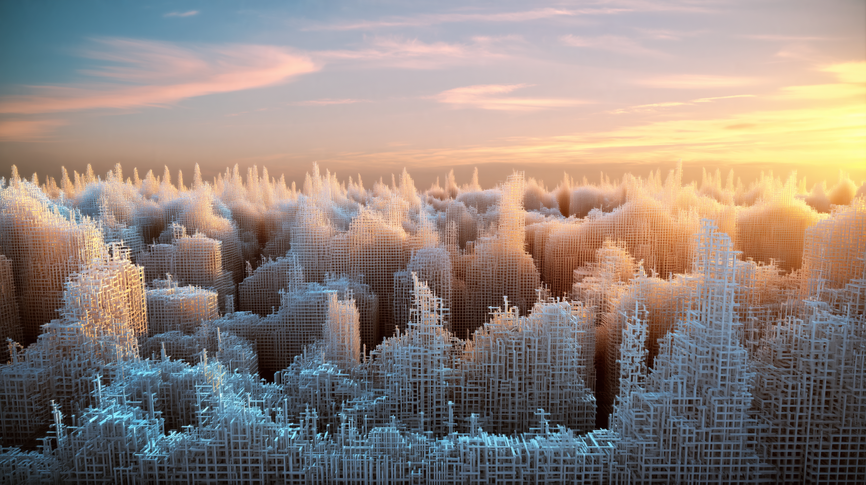 Dawn breaking over a city where every building is made of legally licensed sound waves and waveforms as architecture, representing the post-settlement AI music era