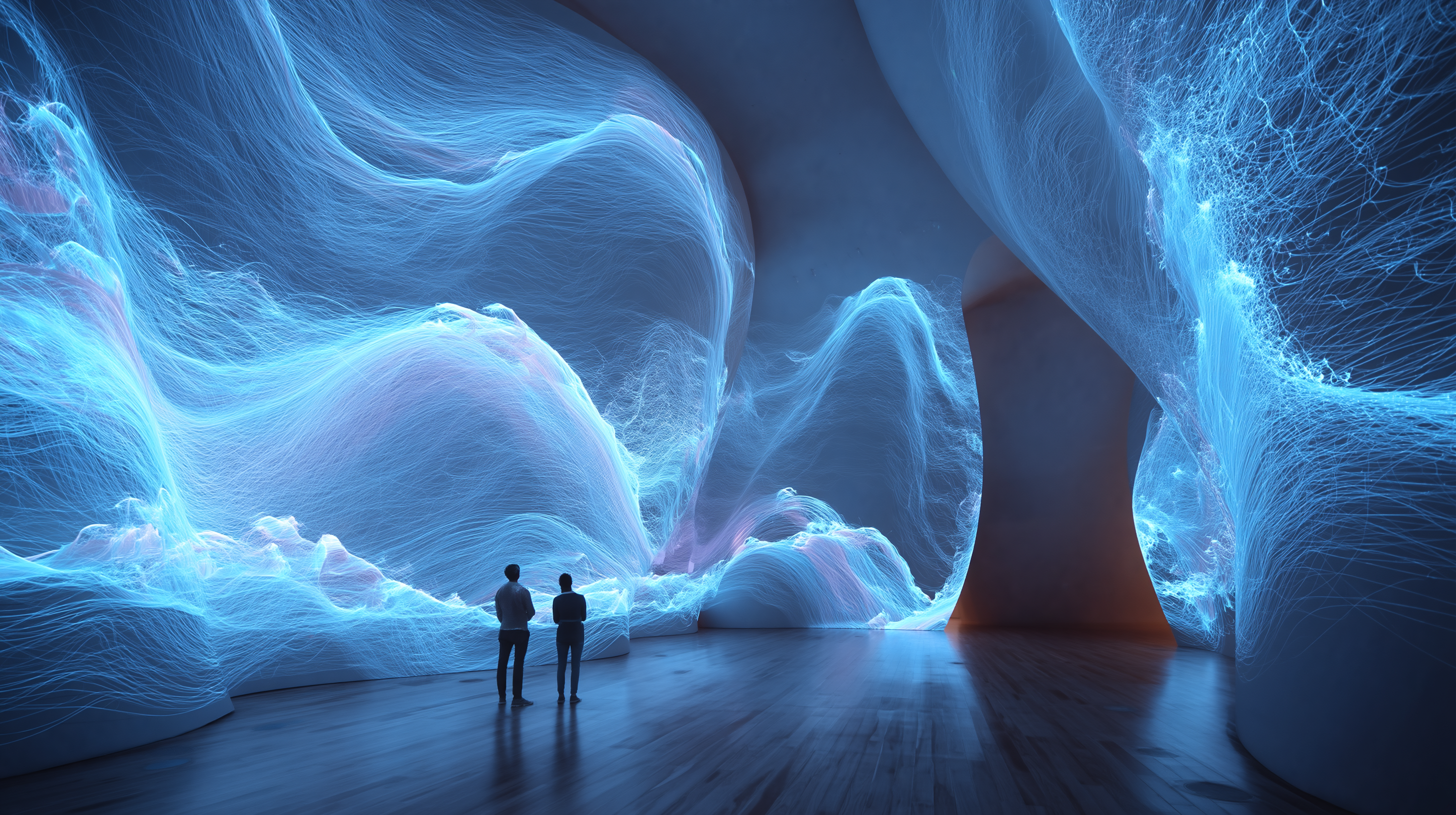 Cathedral-scale dark museum interior with cascading rivers of bioluminescent data flowing like liquid silk across enormous curved screens, visitors small beneath the generative projections, evoking Refik Anadol's Dataland museum of AI arts