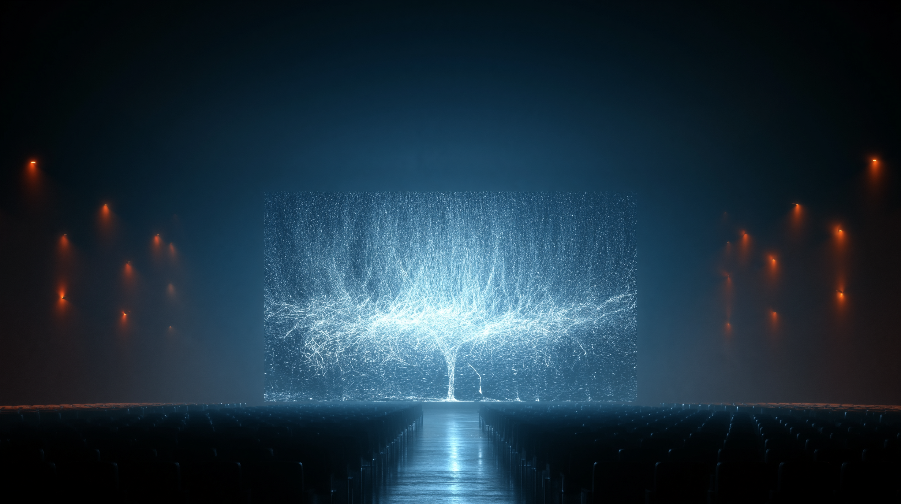 A spectacular cinema screen going dark as generative video dissolves into static, representing the shutdown of OpenAI's Sora video generation product