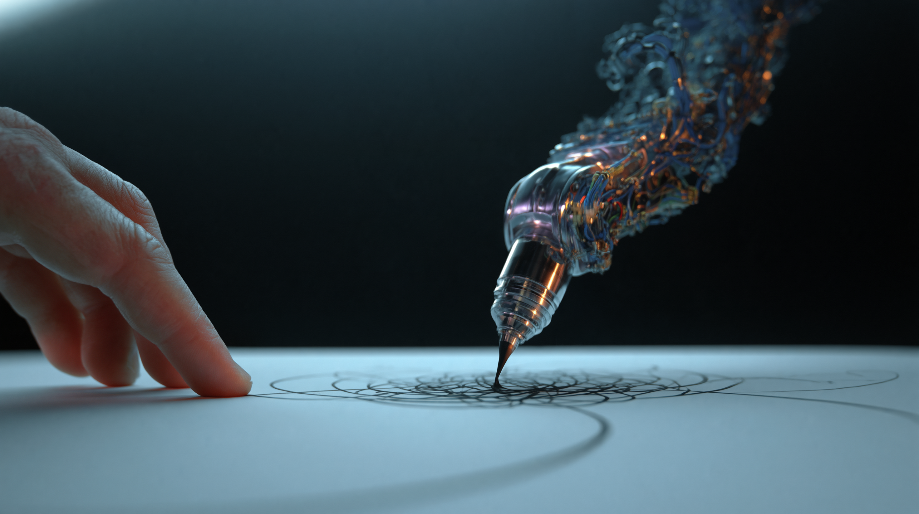 Extreme close-up of a human hand and a polished robotic arm making ink marks on the same surface simultaneously, the marks intertwining at the point of contact, inspired by Sougwen Chung's human-machine drawing collaboration
