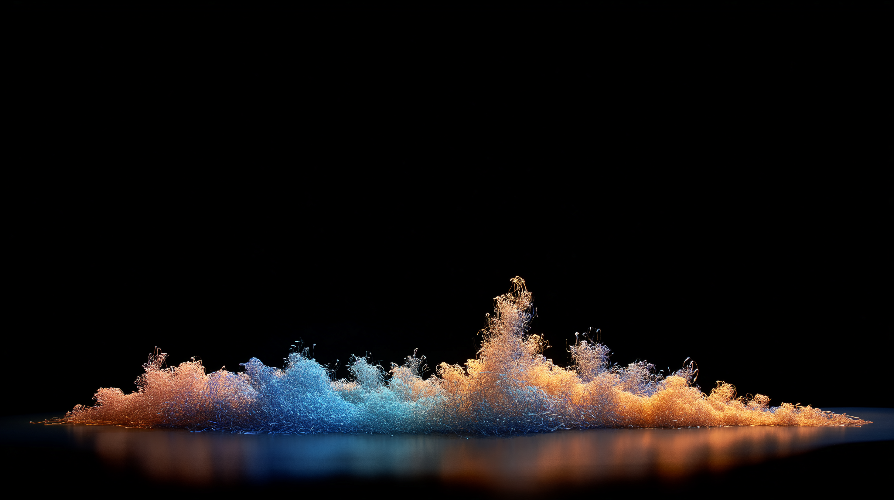 Three generations of women's voices rendered as overlapping luminous waveforms rising from a dark surface, each a distinct color and texture, voices braided into a single column of light, memory and identity made visible, inspired by Stephanie Dinkins' Not the Only One