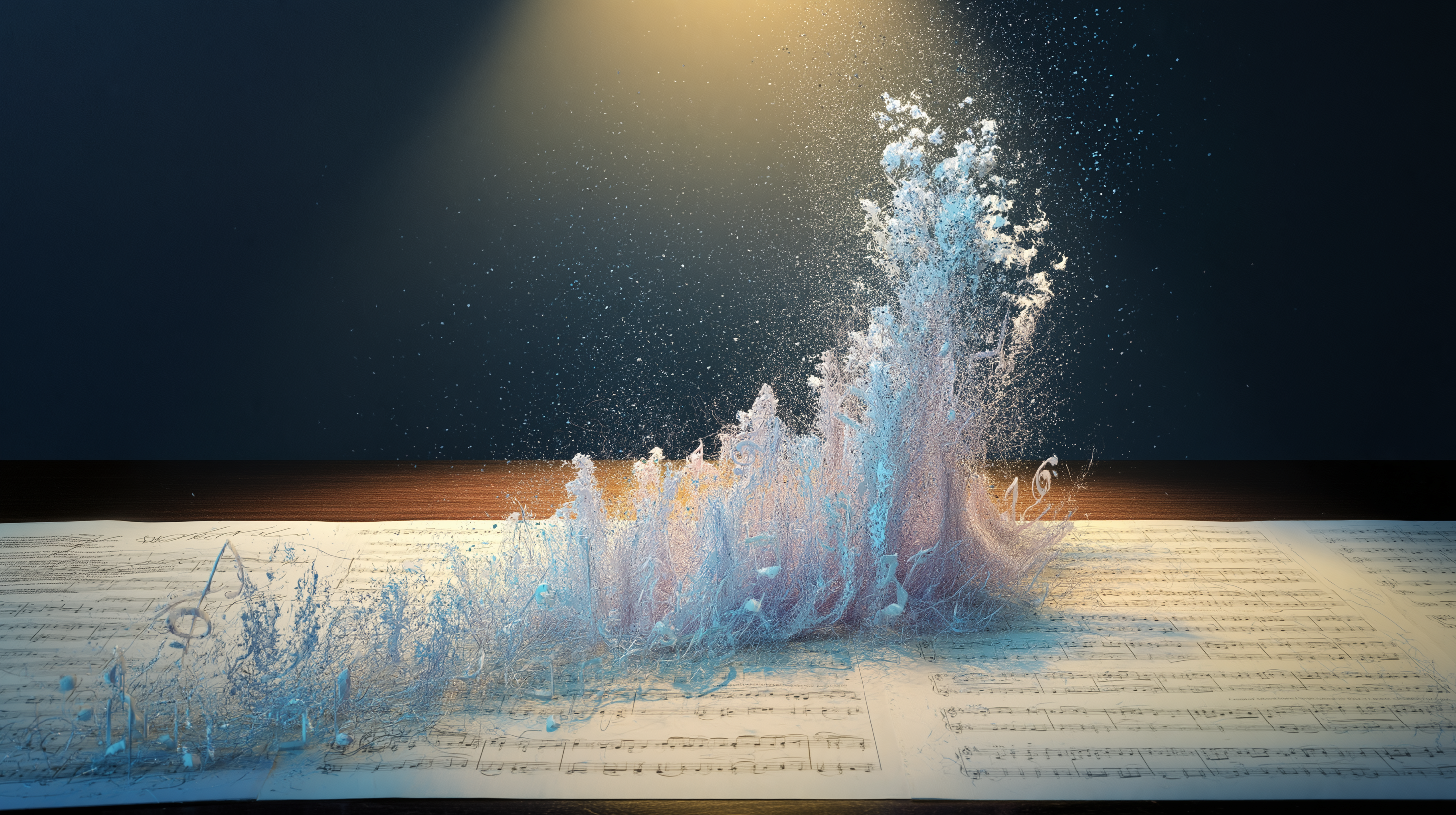 Legal documents transforming into sheet music representing the Suno and Udio copyright settlements with Warner and UMG