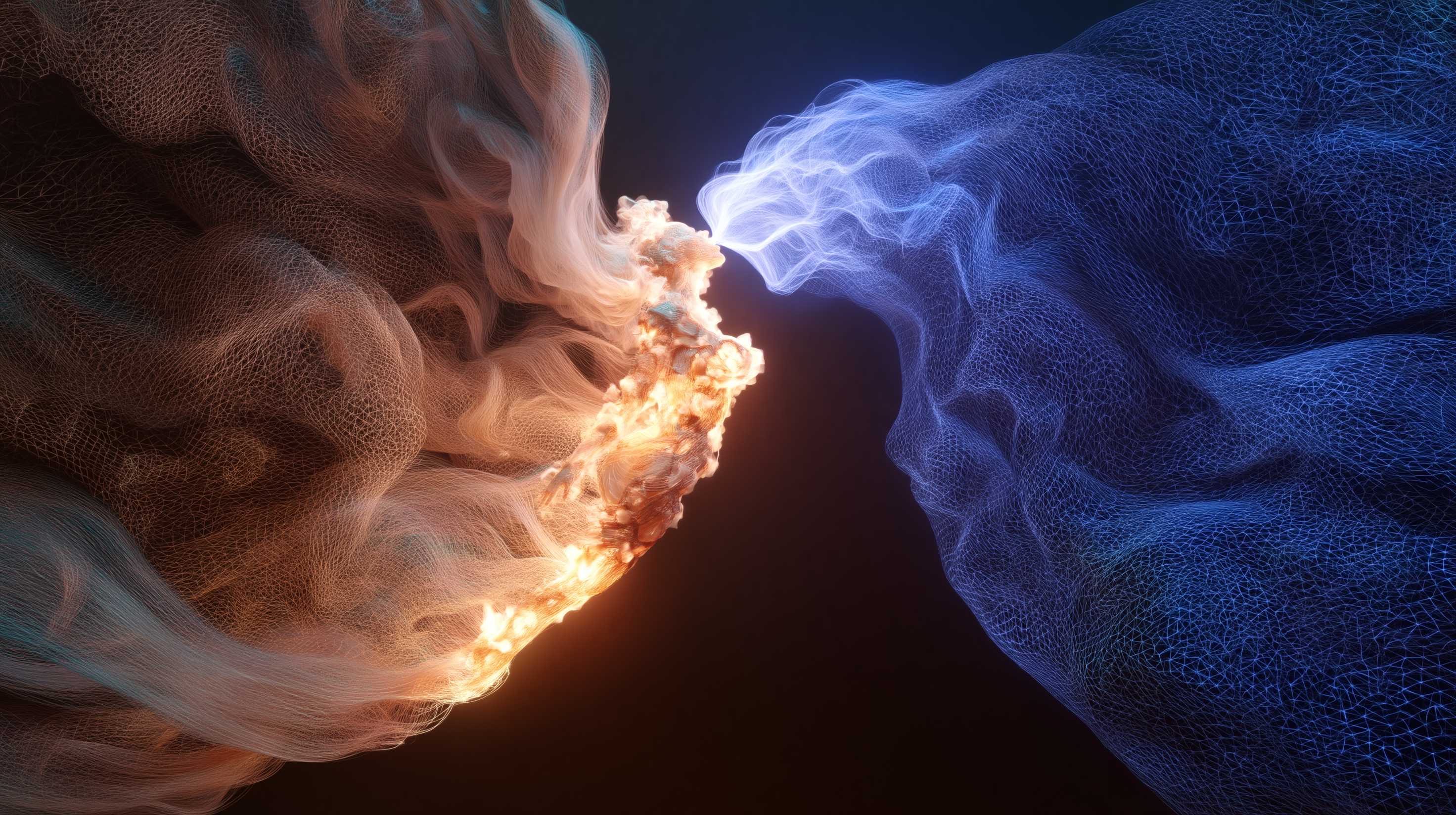 Human vocal cords rendered as luminous sculpture fusing with neural network threads, representing Suno v5.5 Voices feature