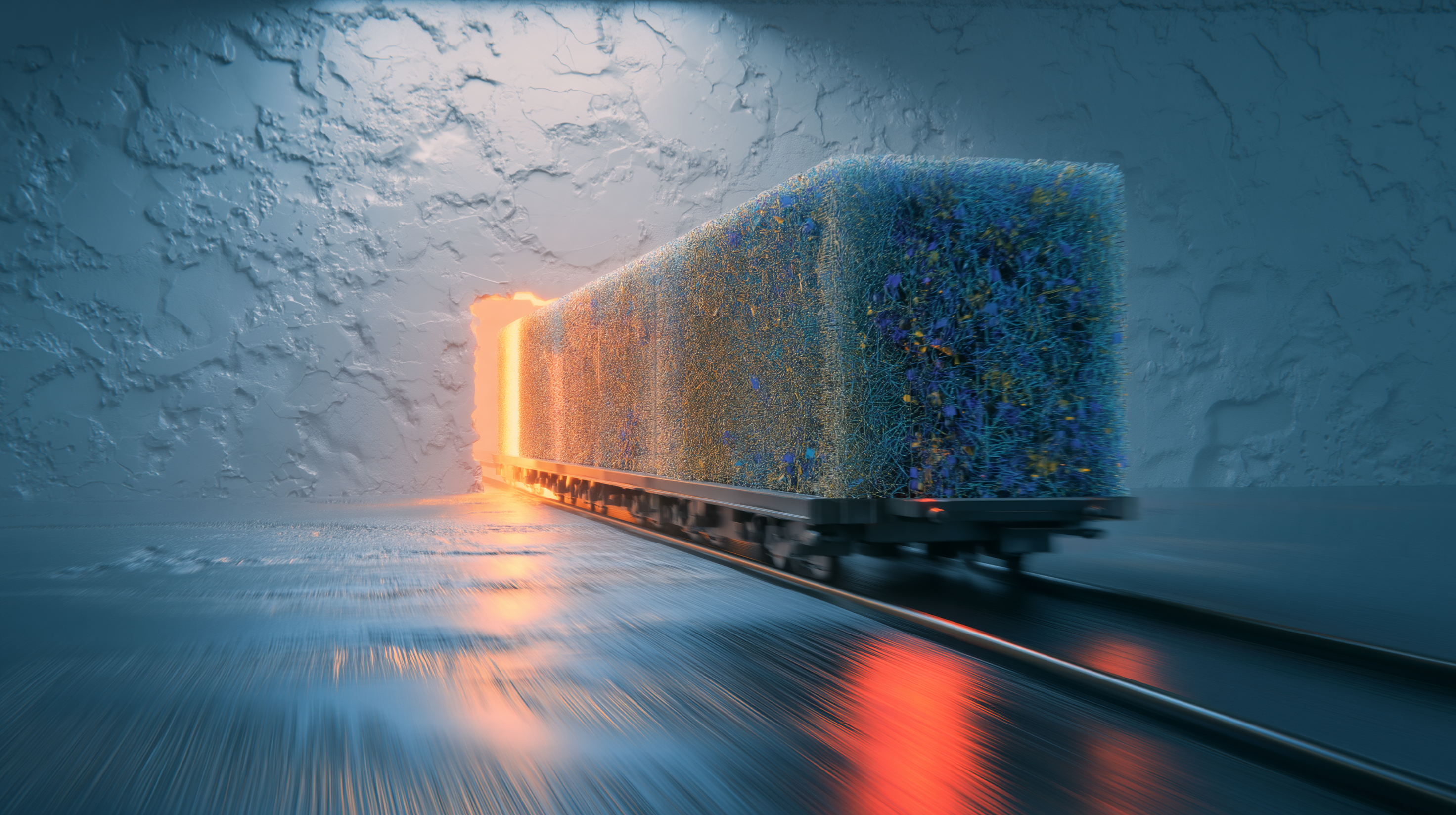 A freight train made of unlicensed music files speeding toward a crumbling legal wall, representing the end of the train now license later AI era