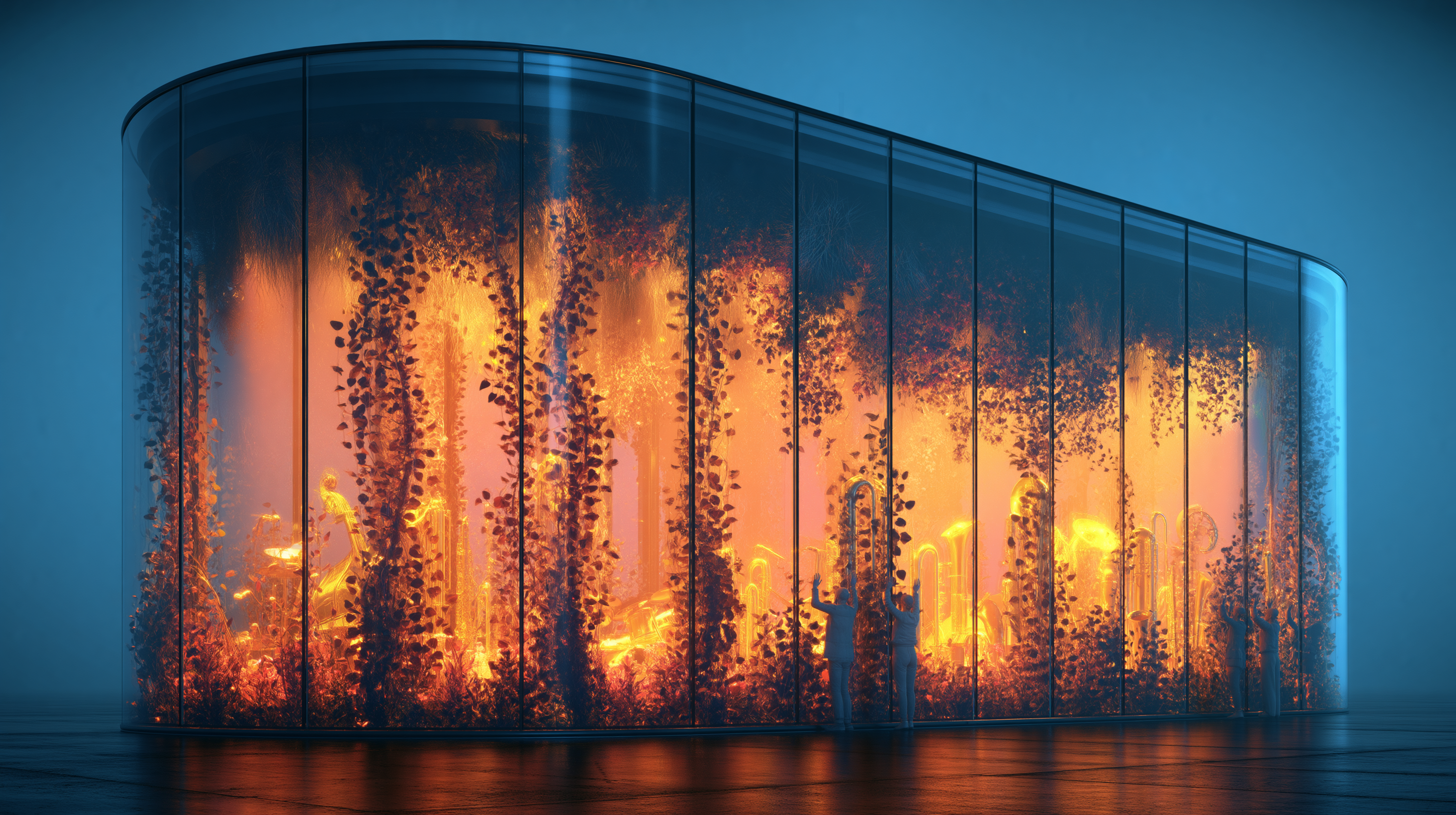 A lush musical garden enclosed in curved glass walls with creators pressing hands against the glass from outside, representing Udio's walled garden content restrictions